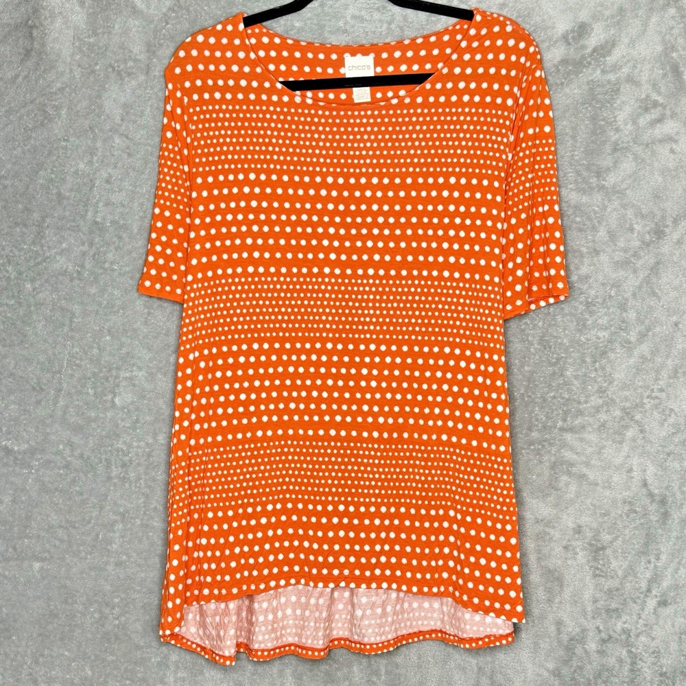 Chicos Womens Top 3 Size XL Orange Polka Dot Short Sleeve Scoop Neck Stretch